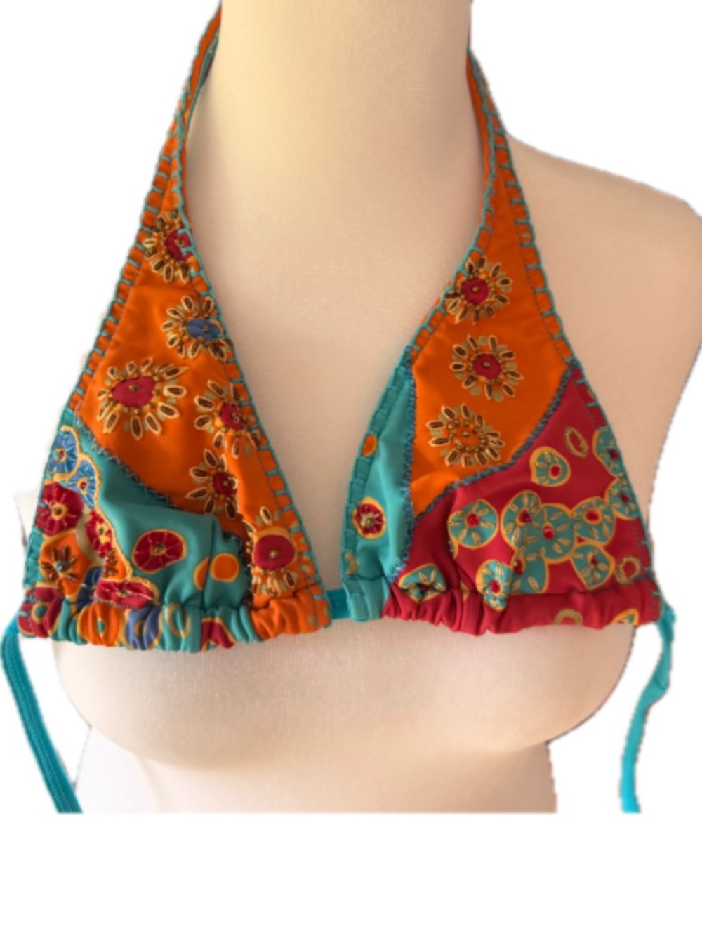 Colorful Patchwork Embellished Triangle Bikini Top Beaded Halter Swim Boho